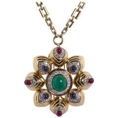 David Webb Large Cabochon Gem Combination Pendant Brooch with Chain Necklace