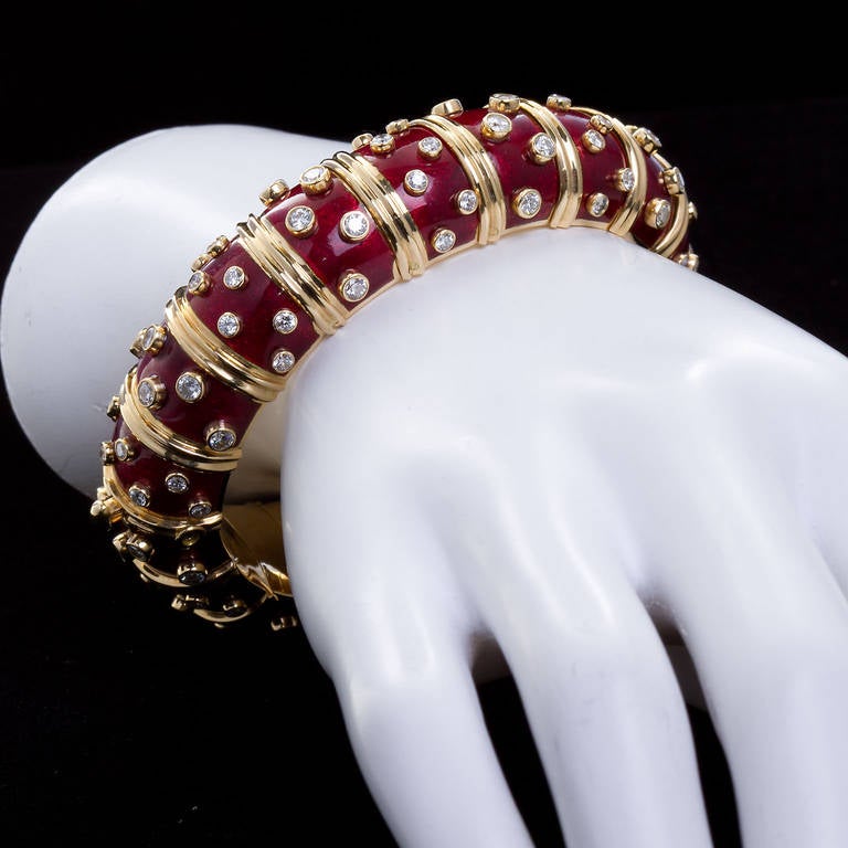 Tiffany & Co. Jean Schlumberger Ruby Red Paillonne Bangle with Diamonds In Excellent Condition In Lakewood, NJ