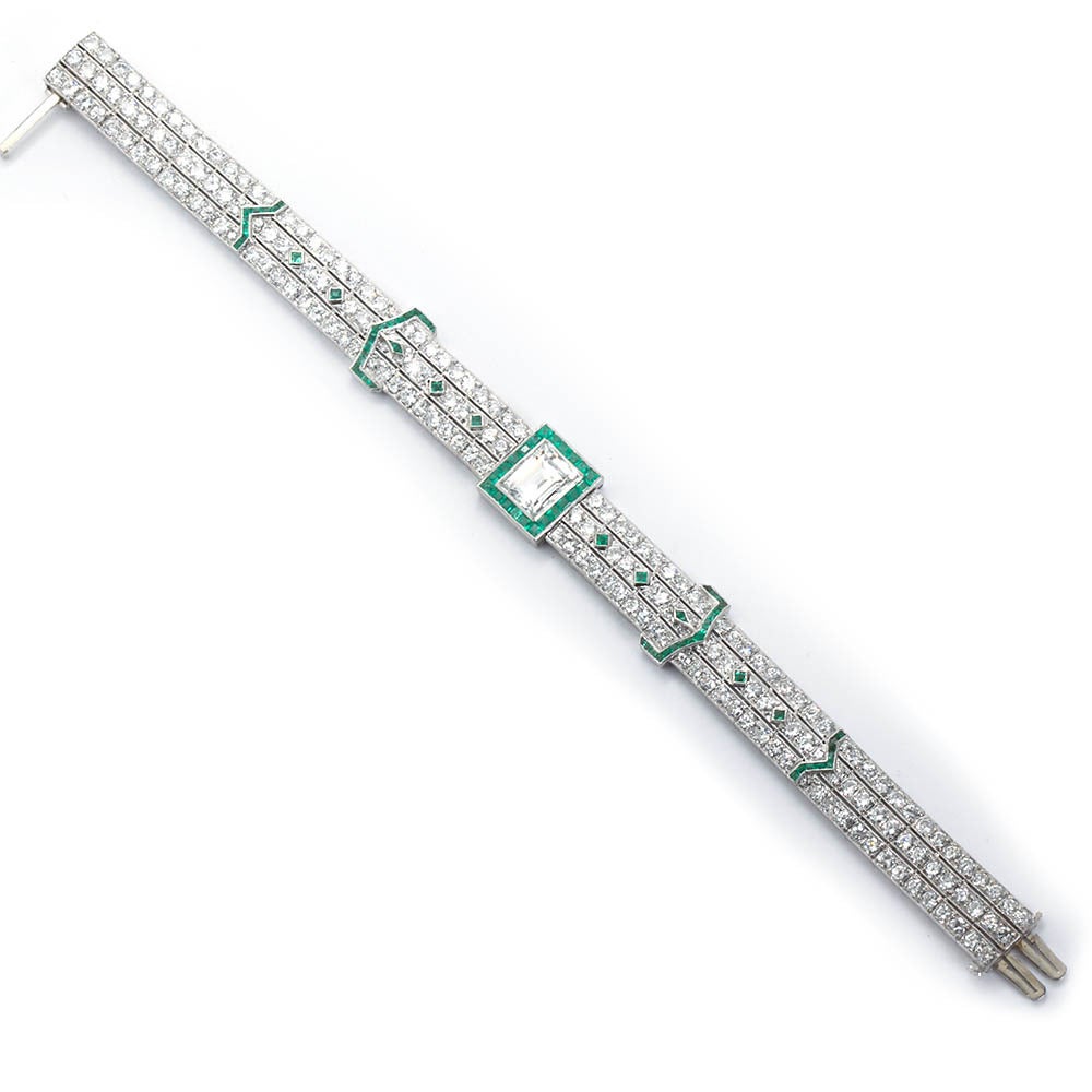 Art Deco Emerald Diamond Platinum Dual Buckle Motif  Bracelet