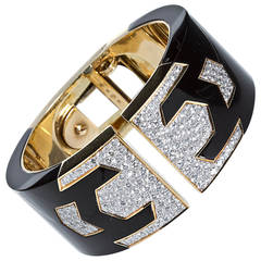 Wide Onyx Diamond Pave Gold Geometric Motif Bangle