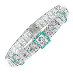 Art Deco Emerald Diamond Platinum Dual Buckle Motif Bracelet Art Deco Emerald Diamond Platinum Dual Buckle Motif Bracelet