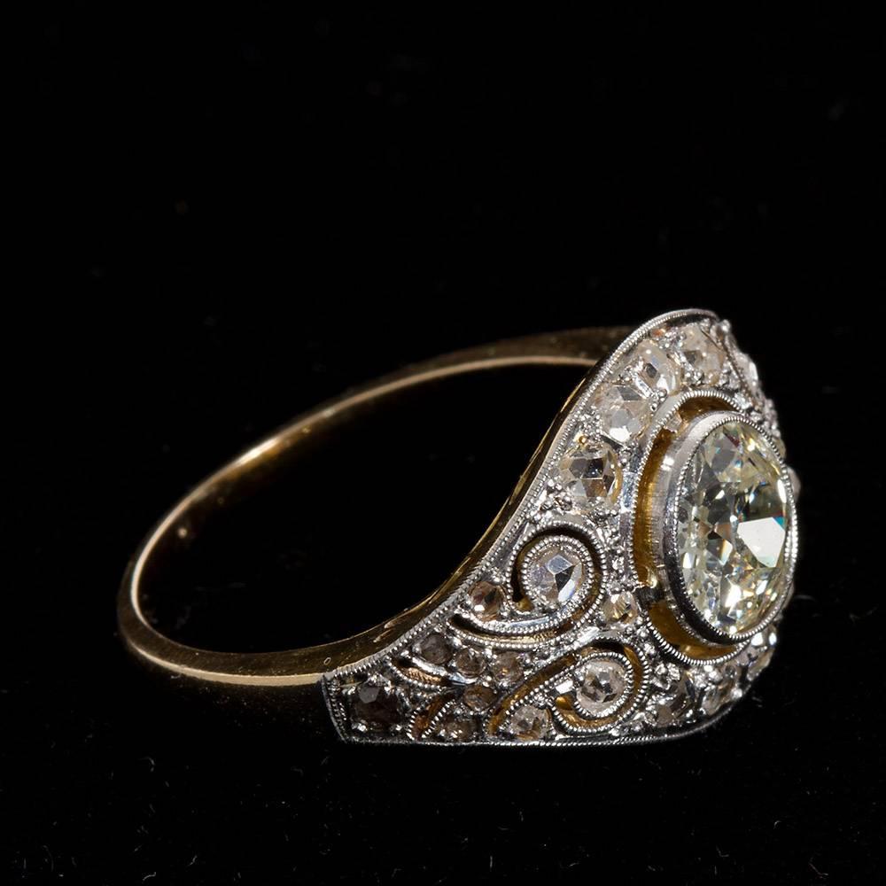 Art Deco Wide Old European Cut Diamond Gold Platinum Filigree Engagement Ring In Good Condition In Lakewood, NJ