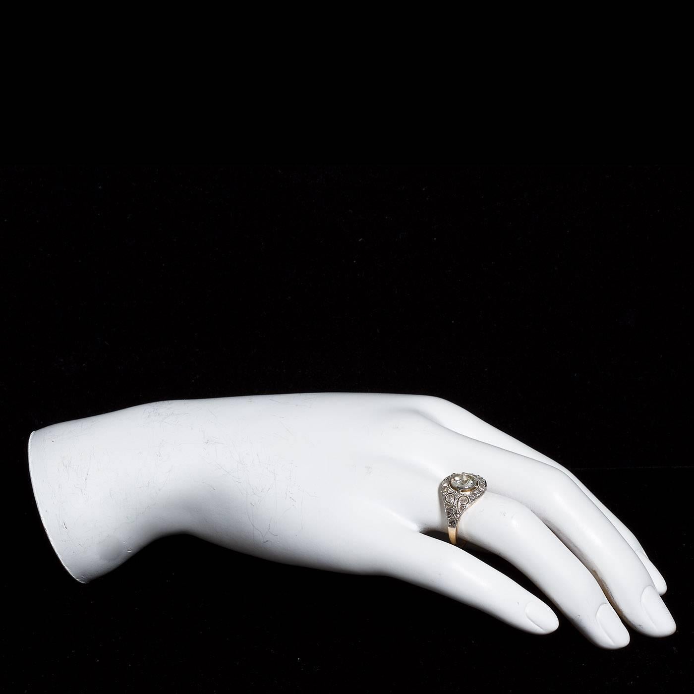 Art Deco Wide Old European Cut Diamond Gold Platinum Filigree Engagement Ring 1