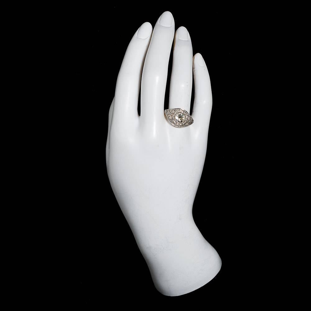Women's Art Deco Wide Old European Cut Diamond Gold Platinum Filigree Engagement Ring