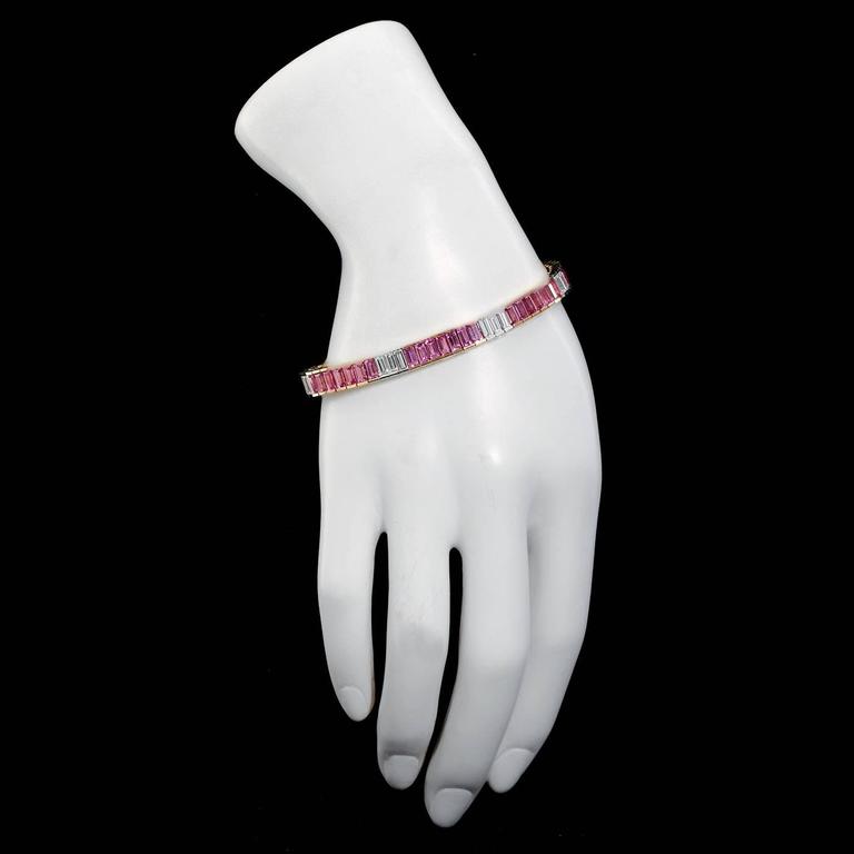 Pink Sapphire Diamond Baguette Tennis Bracelet 17.75 Carat For Sale