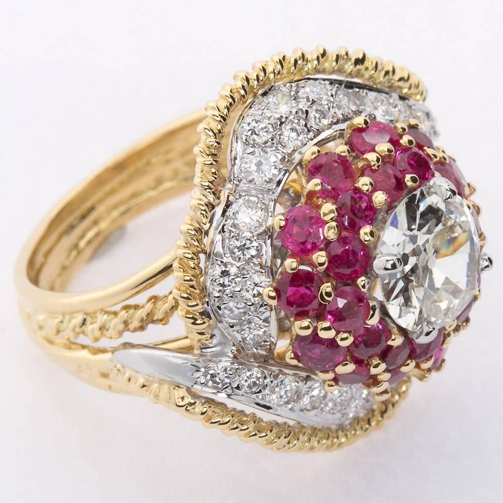 Chic 1960s Old European Cut Diamond Ruby Gold Cocktail Ring In Excellent Condition In Lakewood, NJ