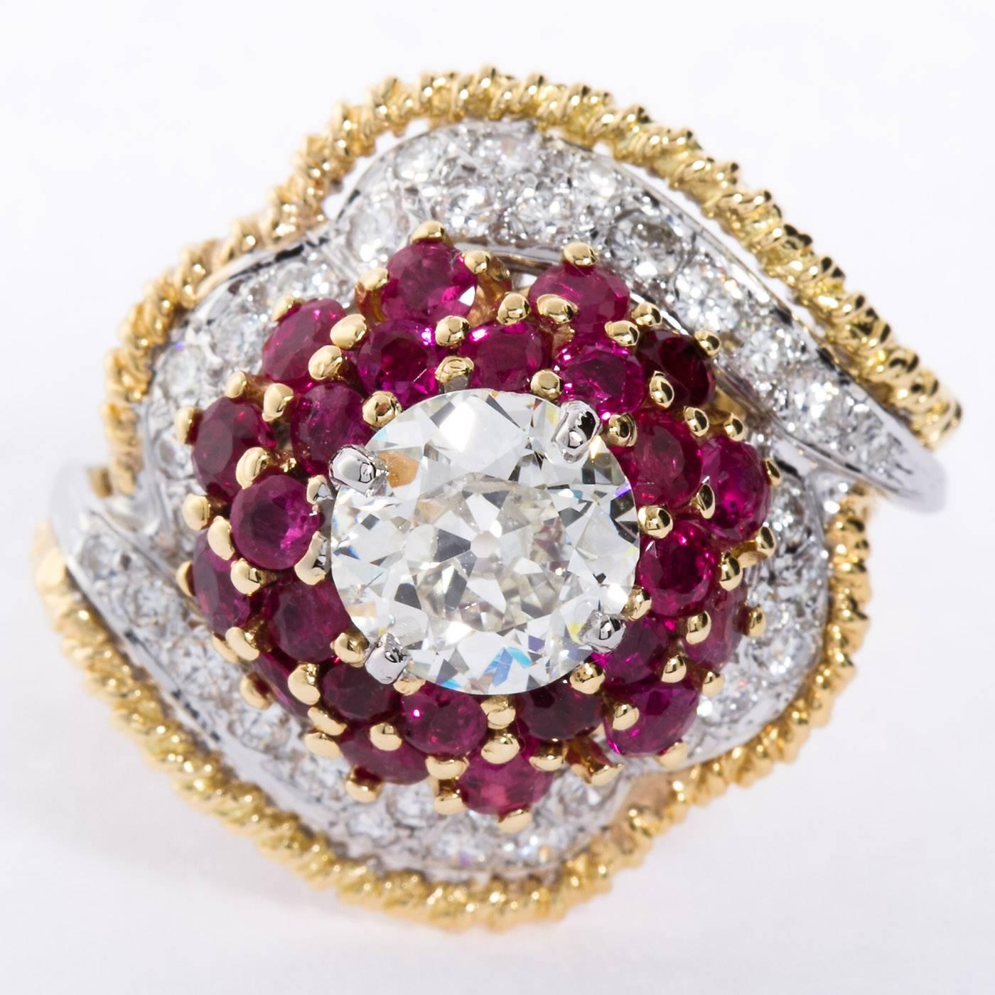 Women's Chic 1960s Old European Cut Diamond Ruby Gold Cocktail Ring