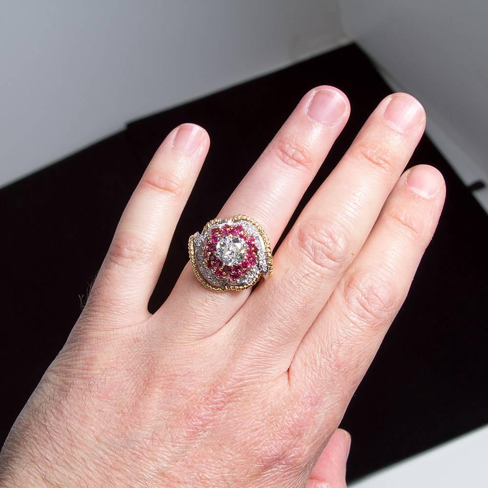 Chic 1960s Old European Cut Diamond Ruby Gold Cocktail Ring 1