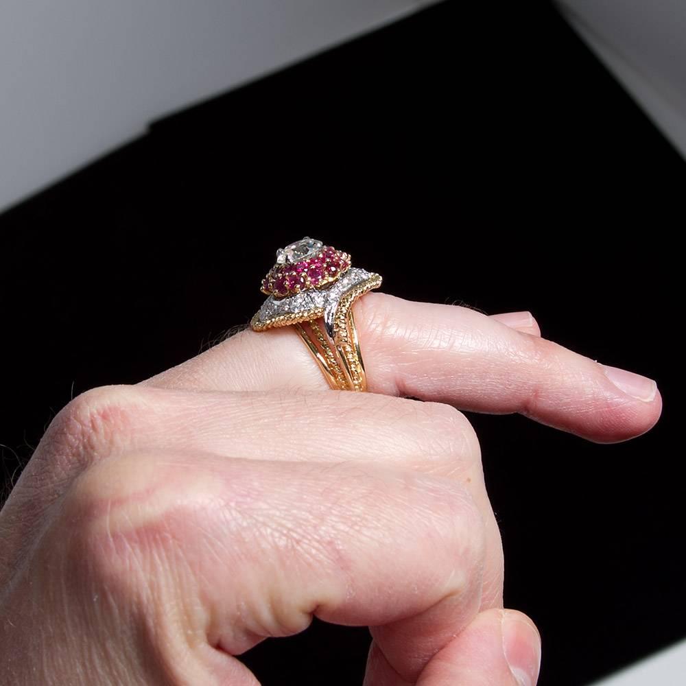 Chic 1960s Old European Cut Diamond Ruby Gold Cocktail Ring 2