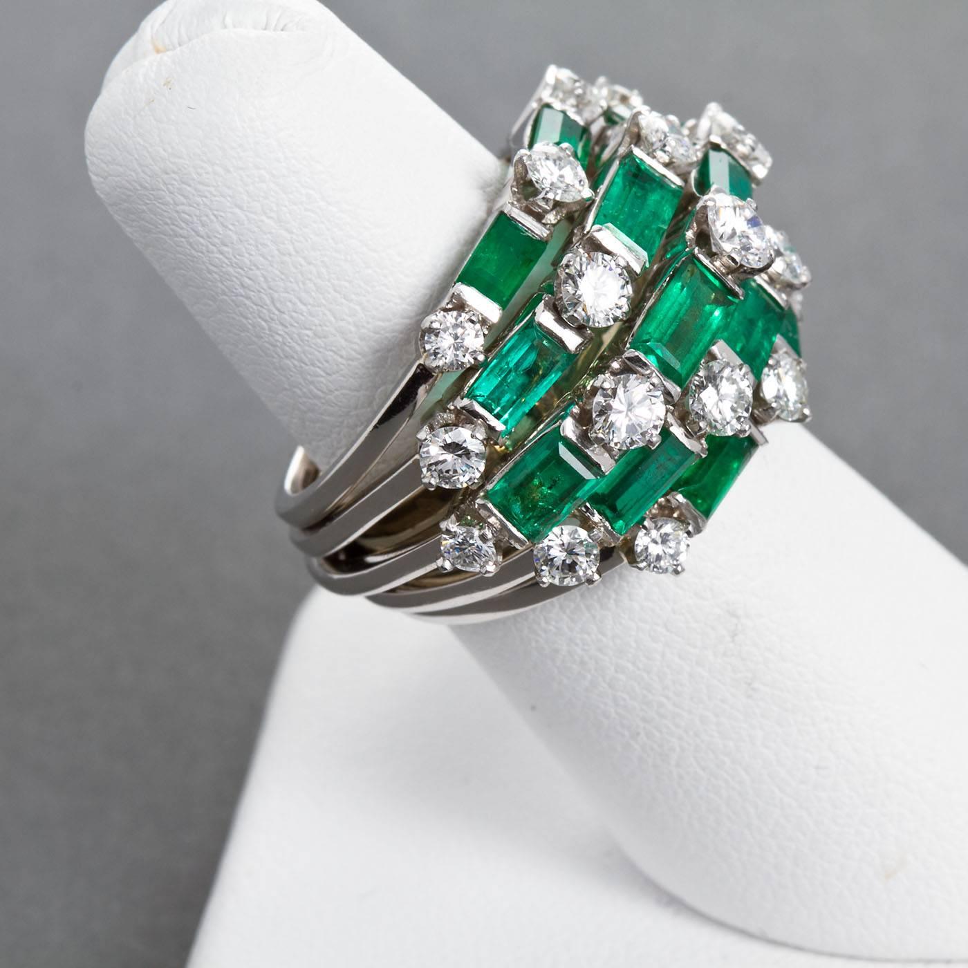 Baguette Cut Emeralds Diamond Cocktail Dome Boulé Ring