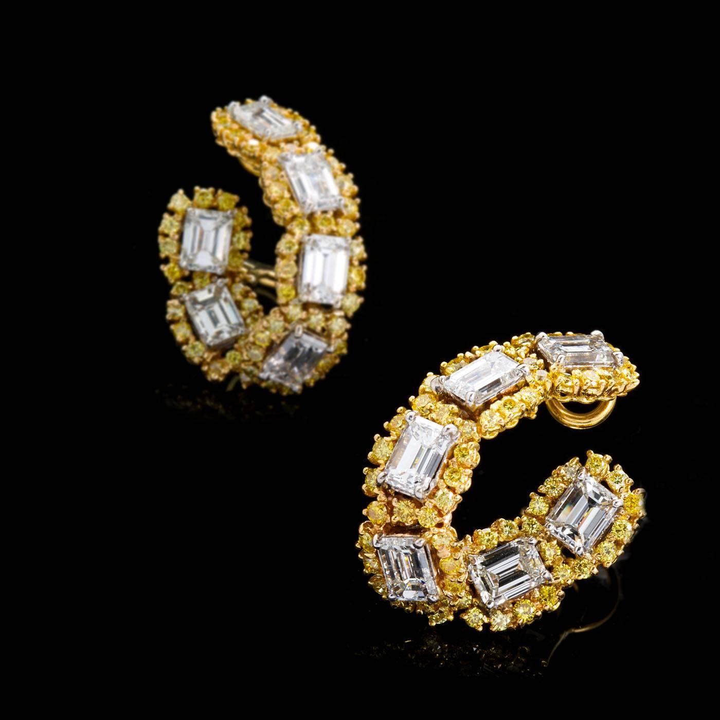 Women's Yellow and White Diamond Gold Hoop Earrings 12.40 Carat
