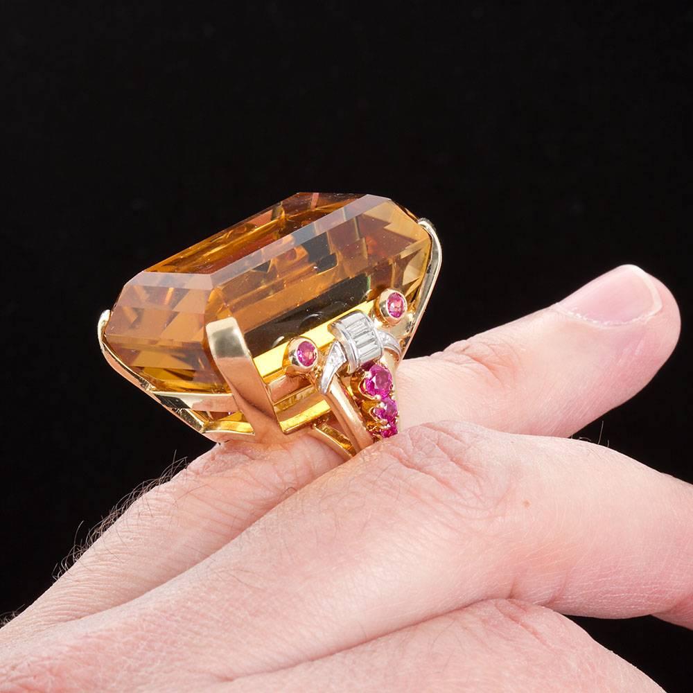 Retro 75 Carat Citrine Ruby Diamond Two Color Gold Ring In Excellent Condition In Lakewood, NJ