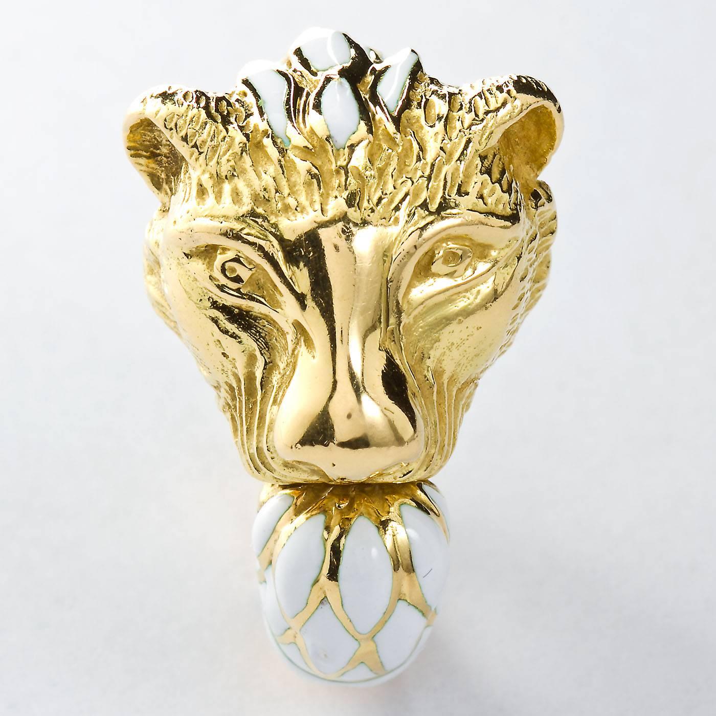 Women's or Men's David Webb Enamel Gold Lion Ring For Sale
