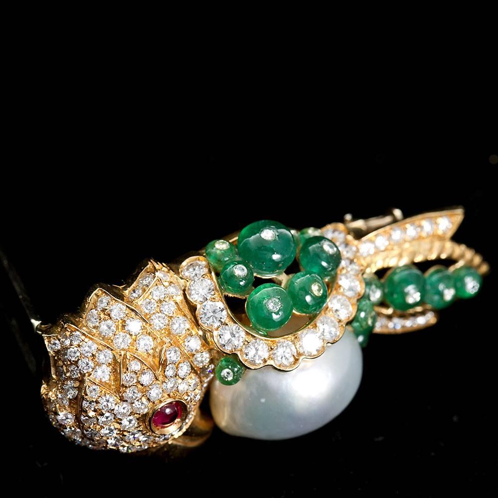Semi-Baroque South Sea Cultured Pearl and Precious Gem Parrot Brooch In Good Condition In Lakewood, NJ