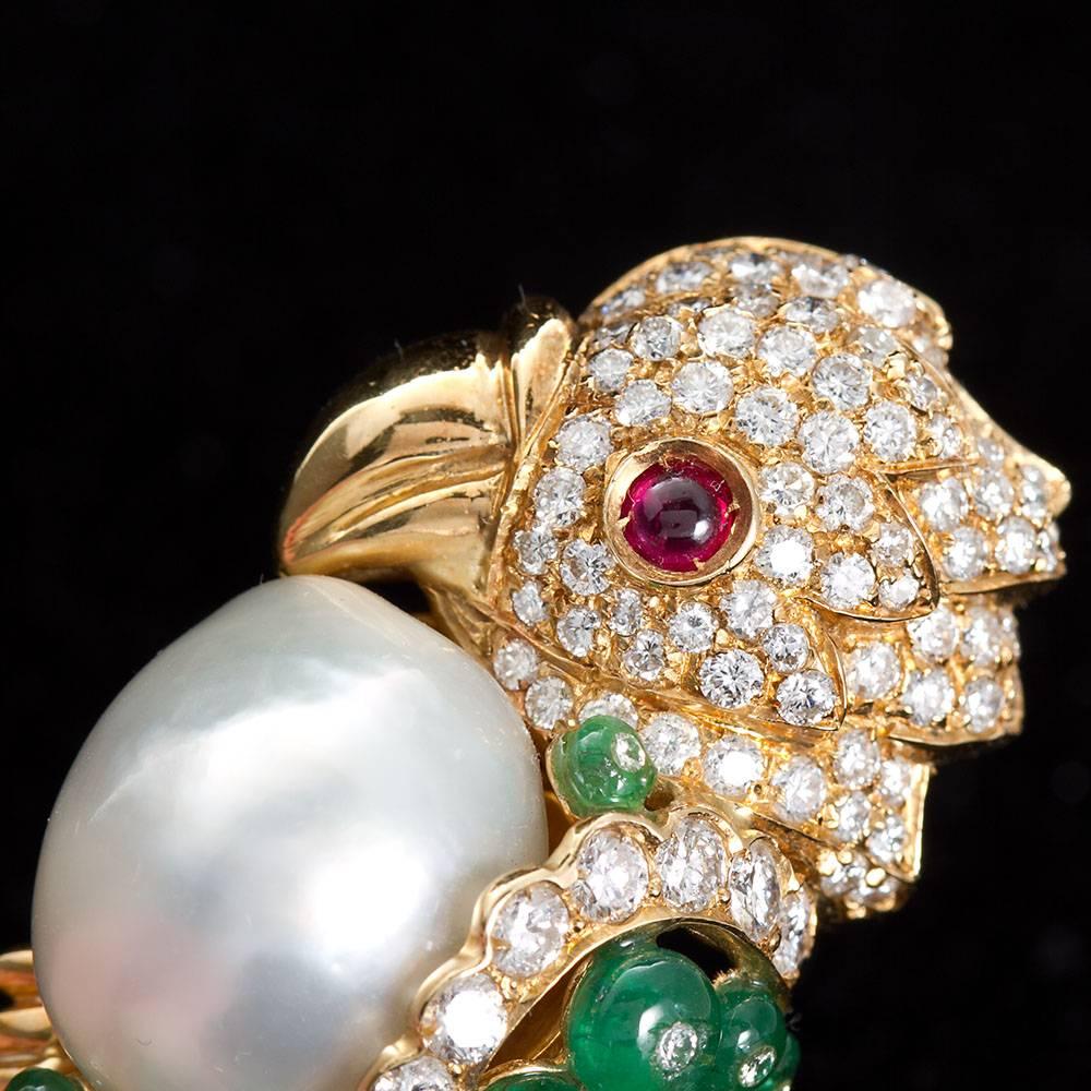 Women's or Men's Semi-Baroque South Sea Cultured Pearl and Precious Gem Parrot Brooch