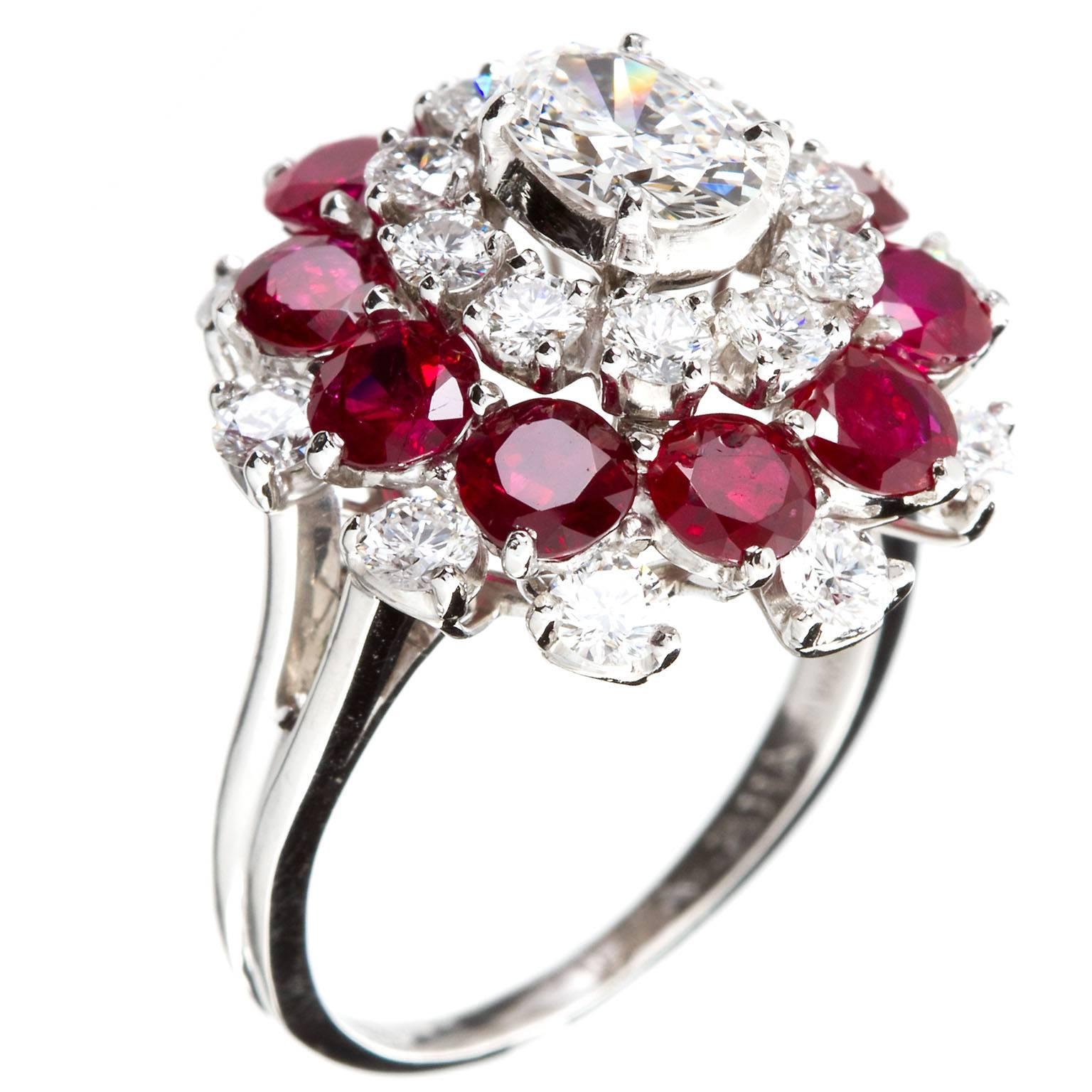 J. E. Caldwell & Co. Diamond Ruby Cluster Cocktail Ring In Excellent Condition In Lakewood, NJ