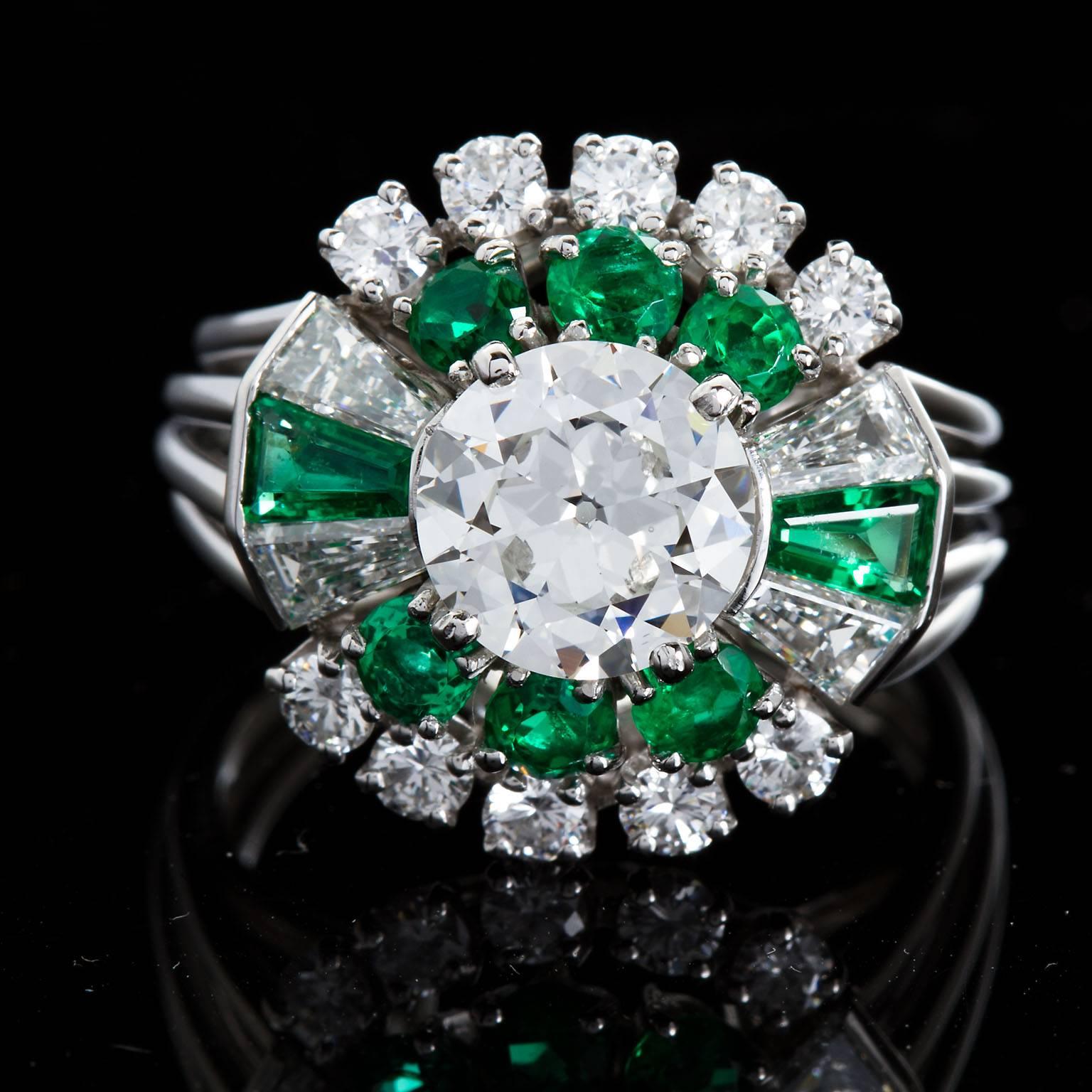 Raymond C. Yard Art Deco 1.50 Carat Center Old European Diamond Emerald Ring 2