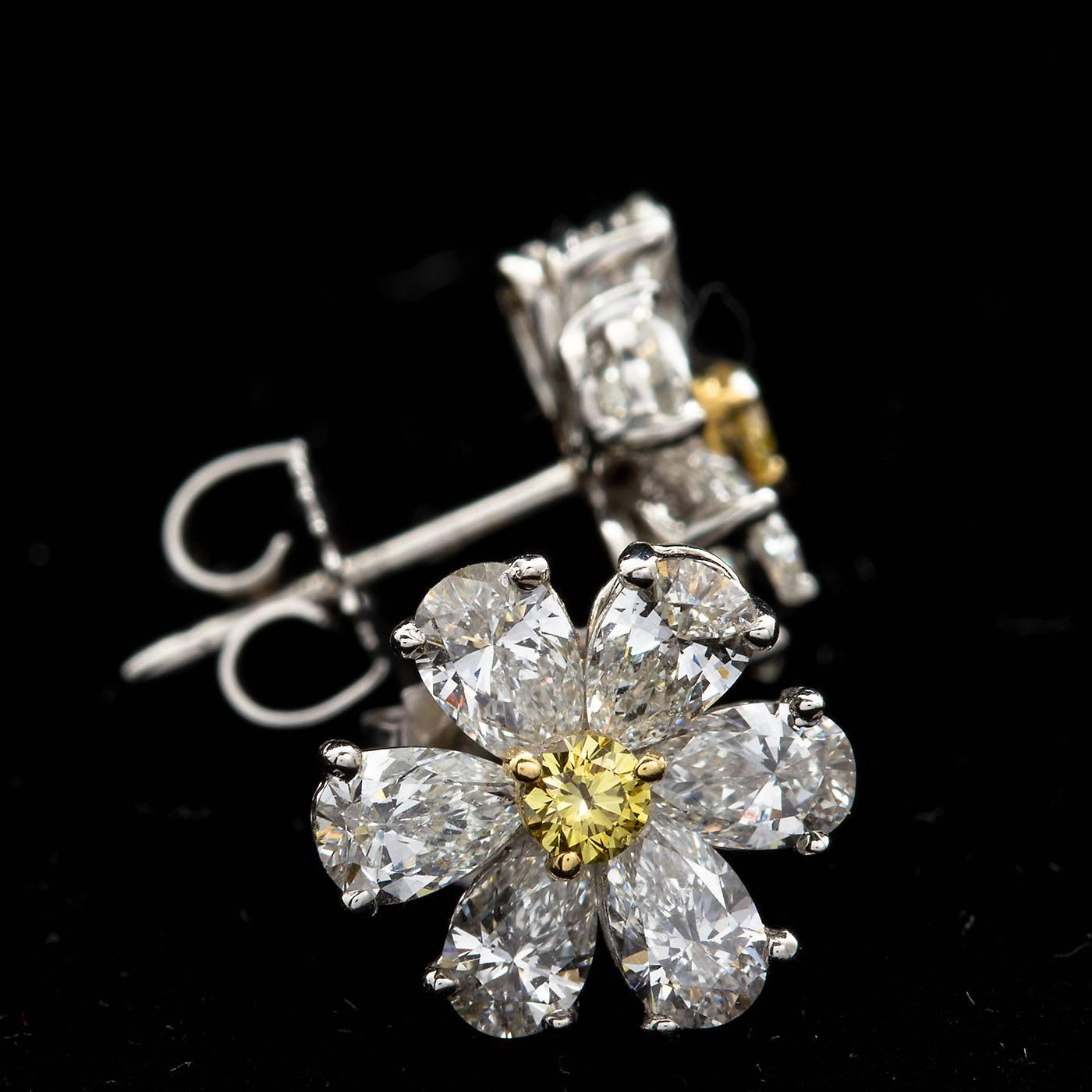 Romantic White and Yellow Diamond Platinum Flower Stud Earrings