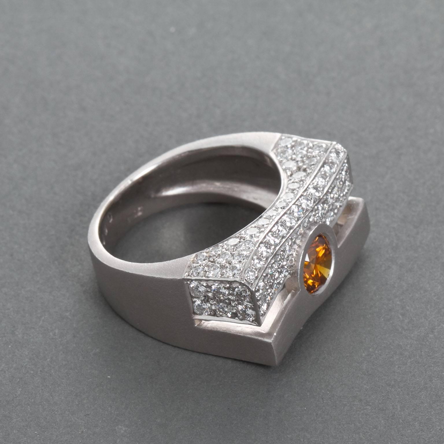 Fancy Deep Yellowish Diamond in Modern Wave Gold Ring GIA Certified 0.60 Carat In Excellent Condition In Lakewood, NJ