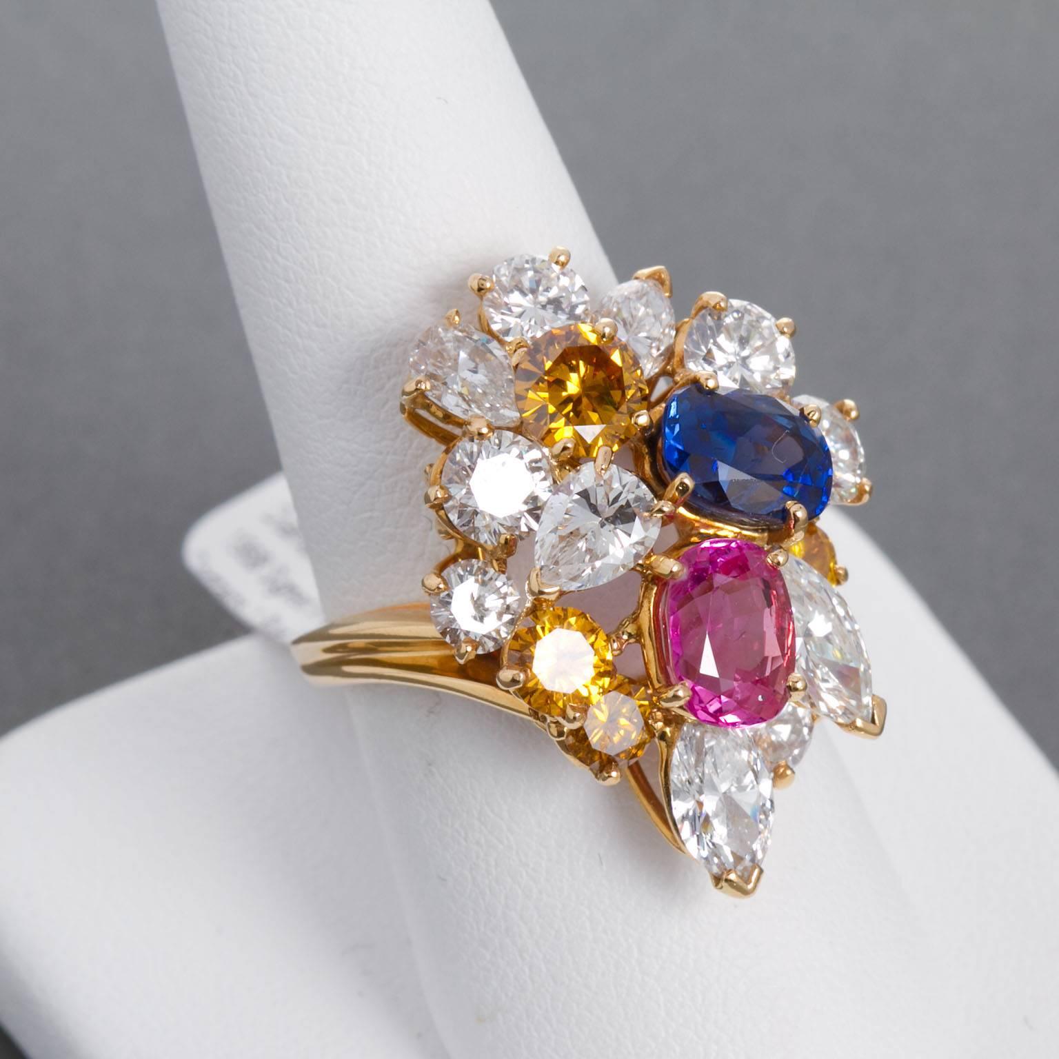 1968 Oscar Heyman Blue Pink Sapphire Diamond Gold Freeform Cluster Ring In Excellent Condition In Lakewood, NJ