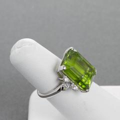 Olive Green 10.70 Carat Emerald Cut Peridot Diamond platinum Ring