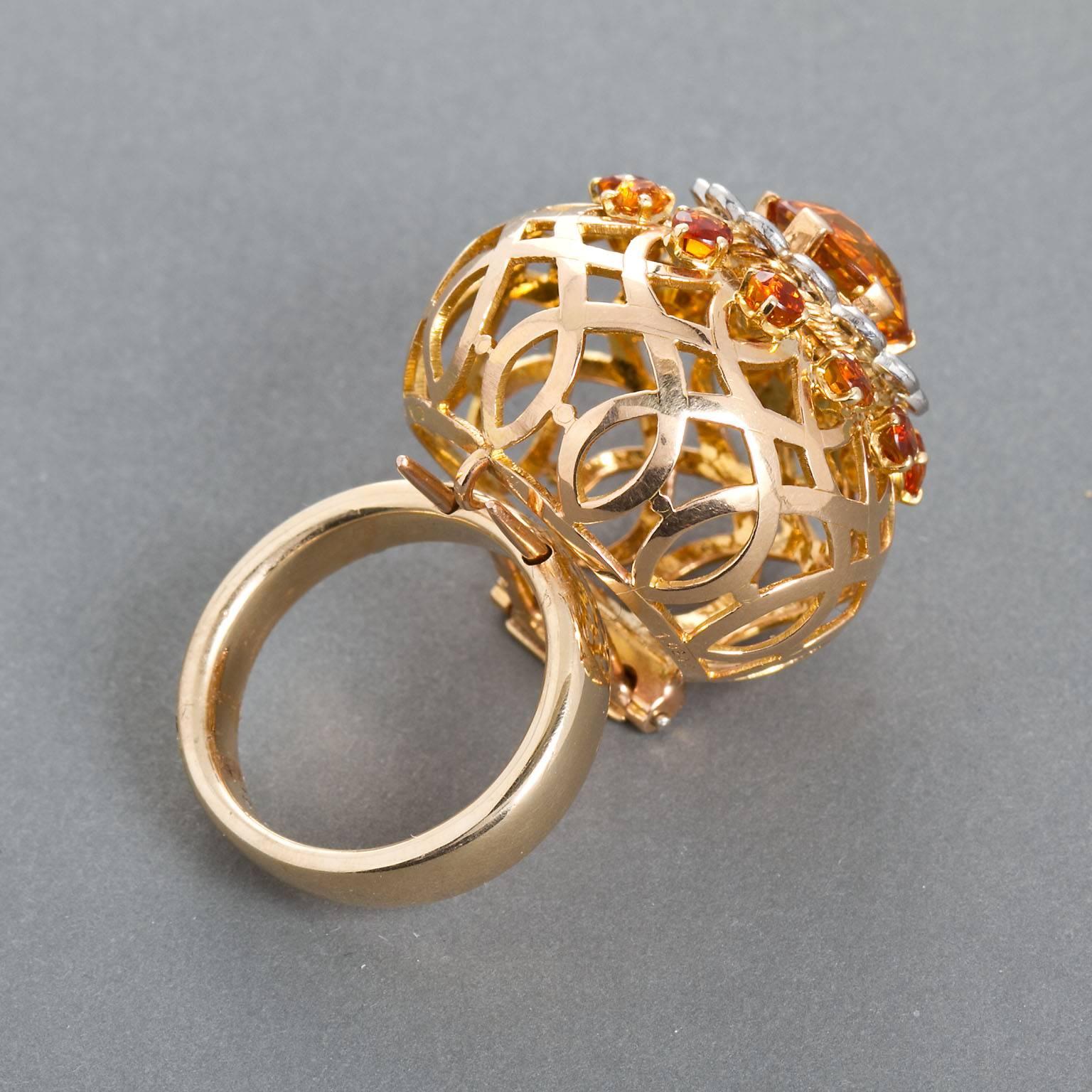 Round Cut Mellerio Paris Woven Globe Citrine Diamond Ring Brooch Combo