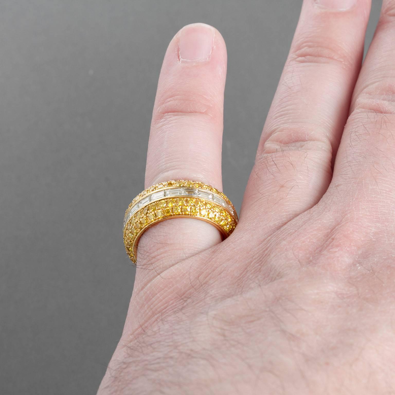 Fancy Yellow Pavé and White Baguette Diamond Eternity Band Ring Alan Friedman In Excellent Condition In Lakewood, NJ