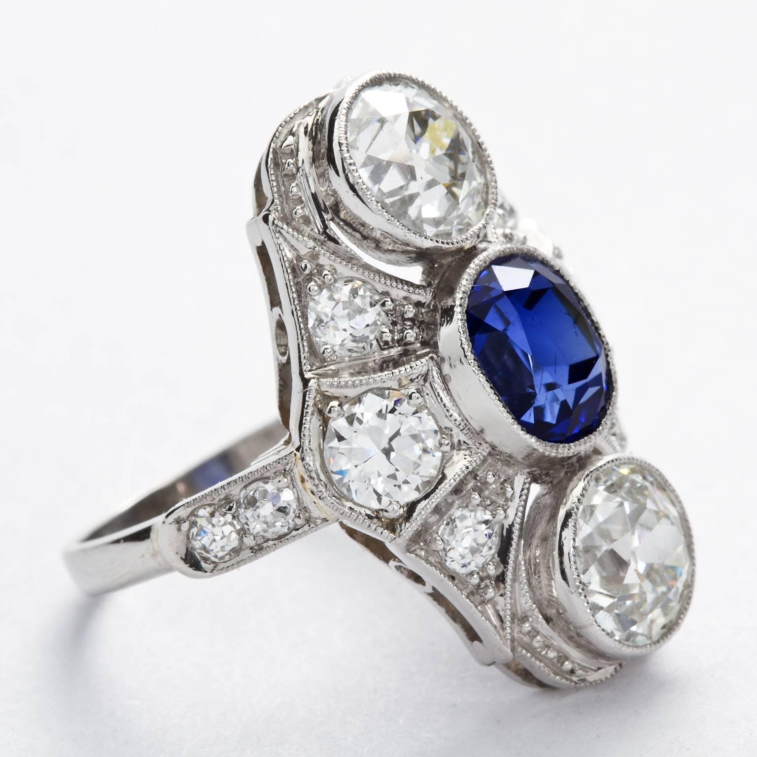 Old European Cut Art Deco Kashmir No Heat Sapphire 1.66 Carat and Diamond Ring AGL Cert