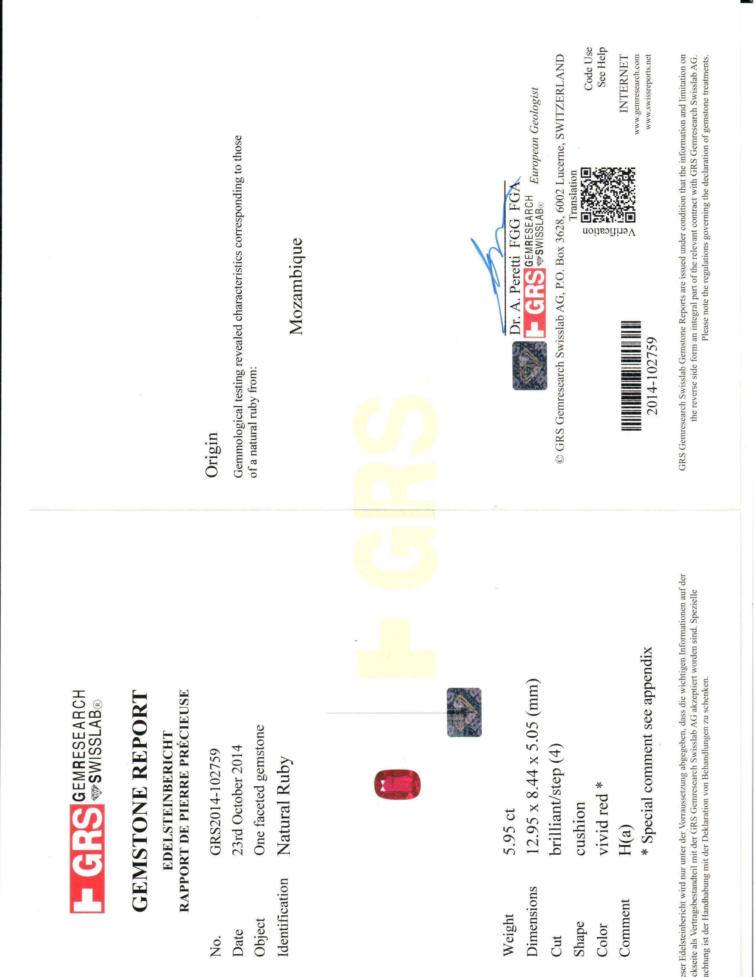 5,95 Karat Kissenschliff Taubenblut Rubin Ring GRS zertifiziert 3