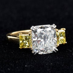 3.55 Carat Cushion Cut Diamond and Fancy Intense Yellow Princess Sides Ring GIA