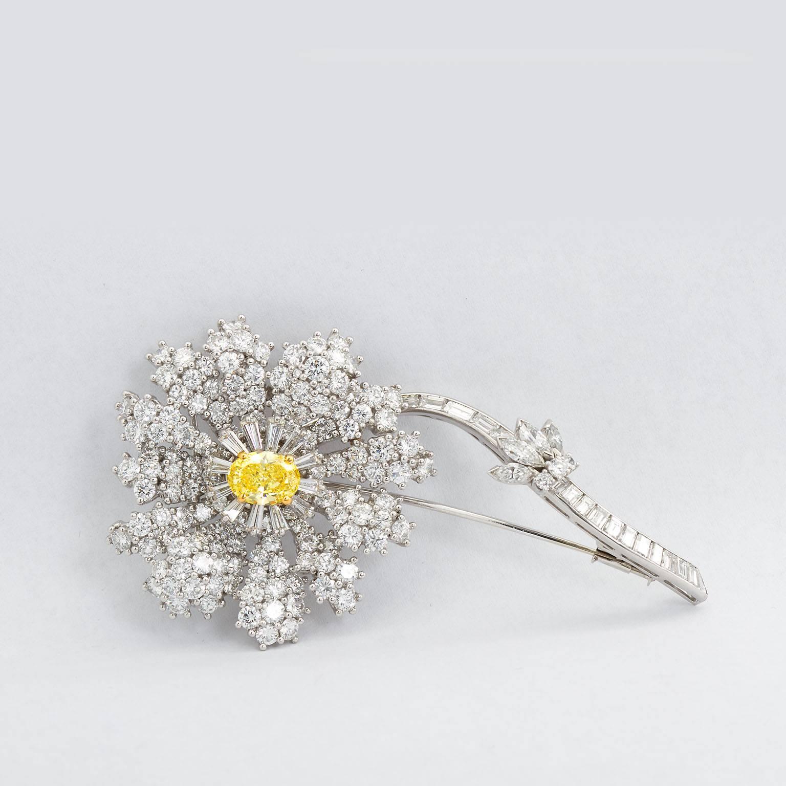 Art Deco Fancy Intense Yellow and White Diamond Platinum Flower Brooch