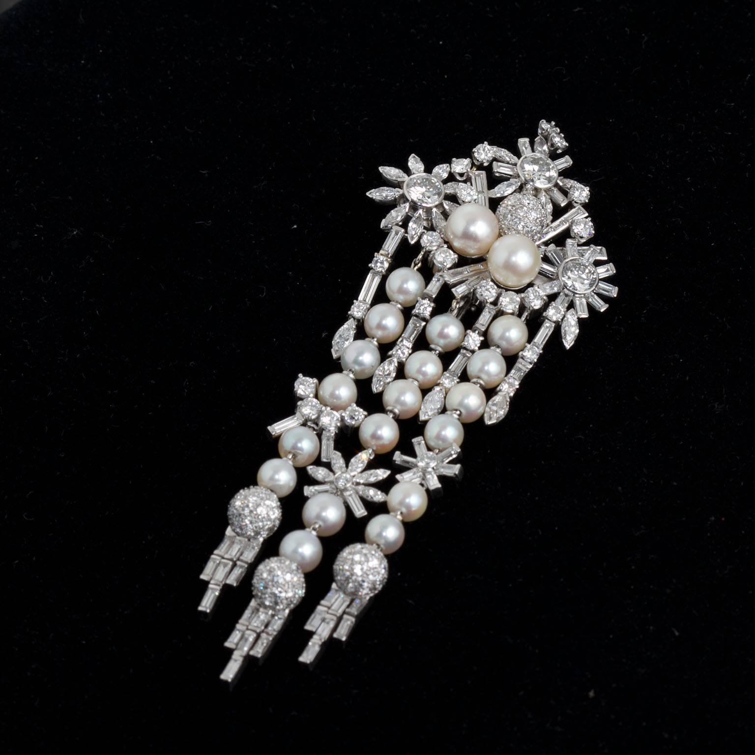 Art Deco Style 1950s Diamond Pearl Lavish Chandelier Pendant 14 Carats 1