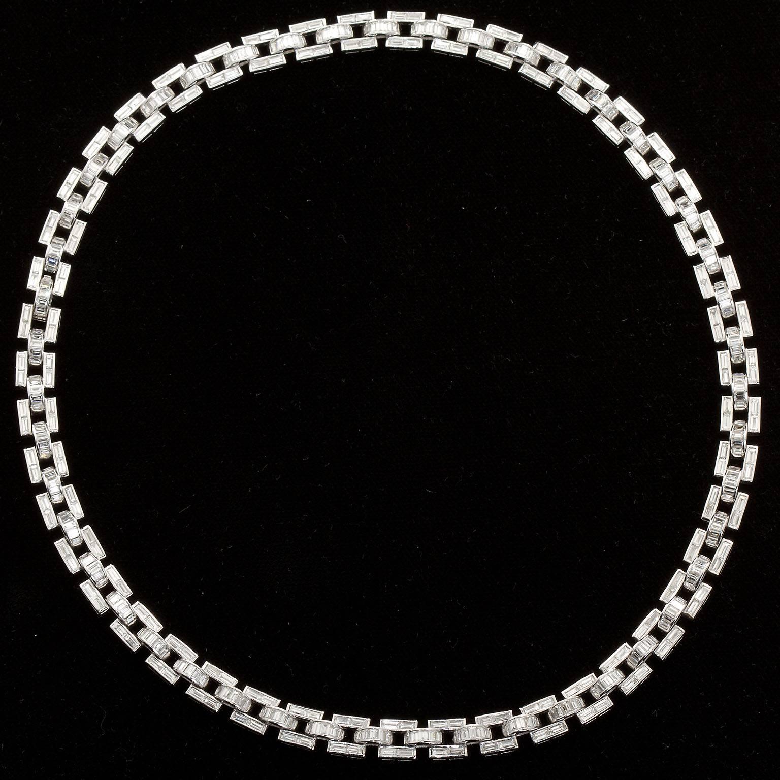 Diamond Baguette in White Gold Link Necklace 18 Carat In Excellent Condition In Lakewood, NJ