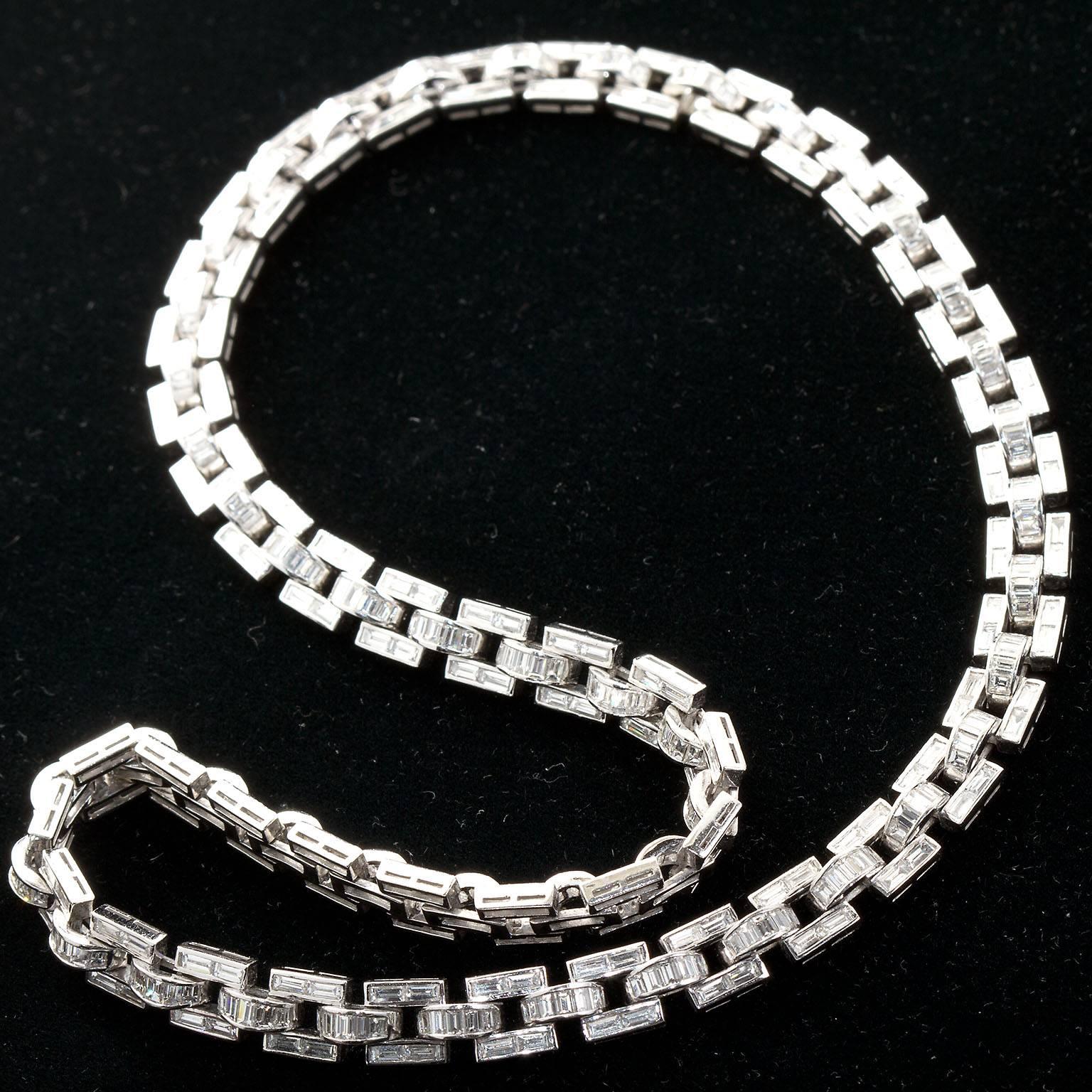 Women's Diamond Baguette in White Gold Link Necklace 18 Carat