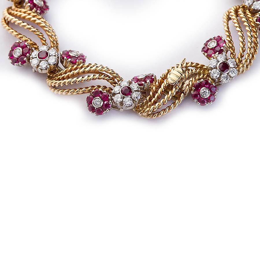 Spiraled Gold Diamond Ruby Florets Bracelet 3