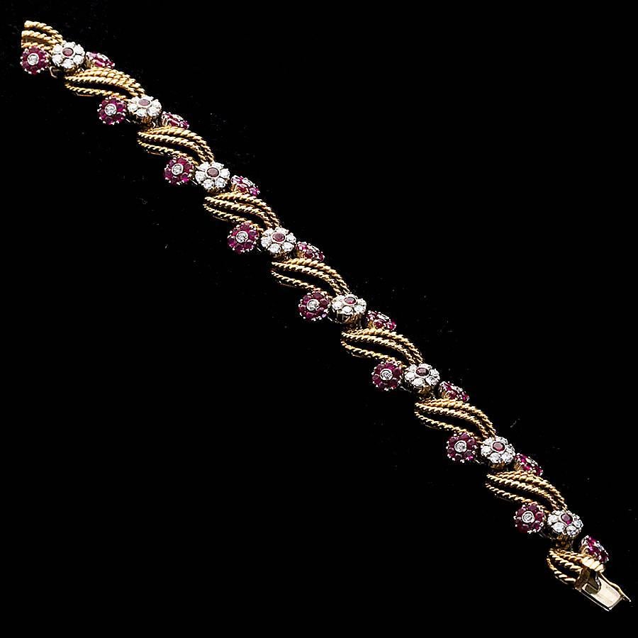 Spiraled Gold Diamond Ruby Florets Bracelet 4