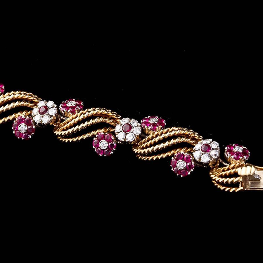 Women's Spiraled Gold Diamond Ruby Florets Bracelet