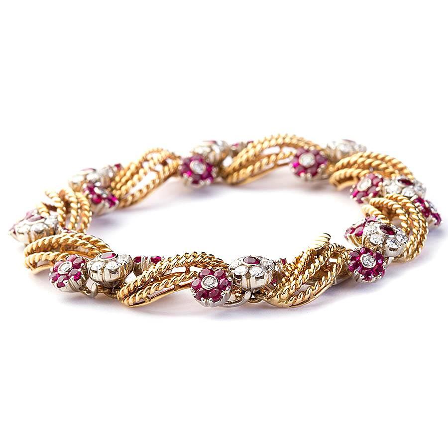 Spiraled Gold Diamond Ruby Florets Bracelet 1