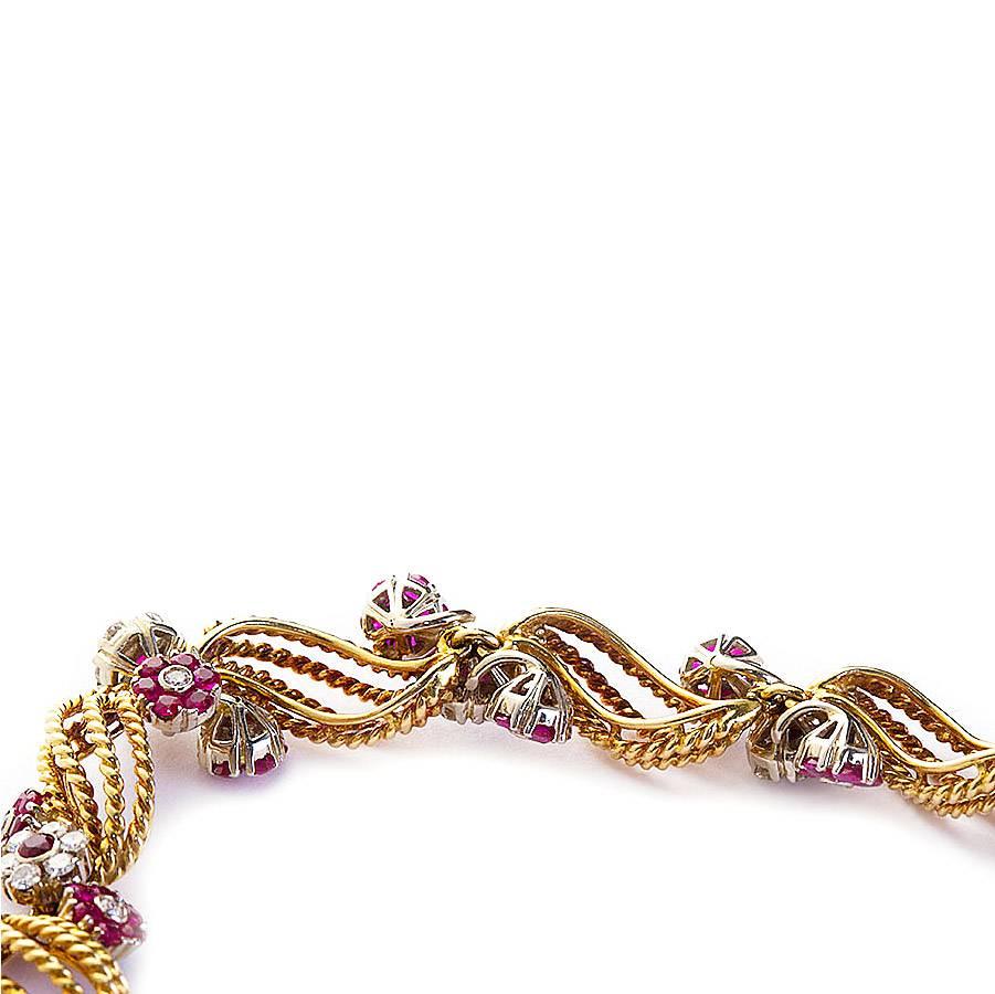 Spiraled Gold Diamond Ruby Florets Bracelet 5