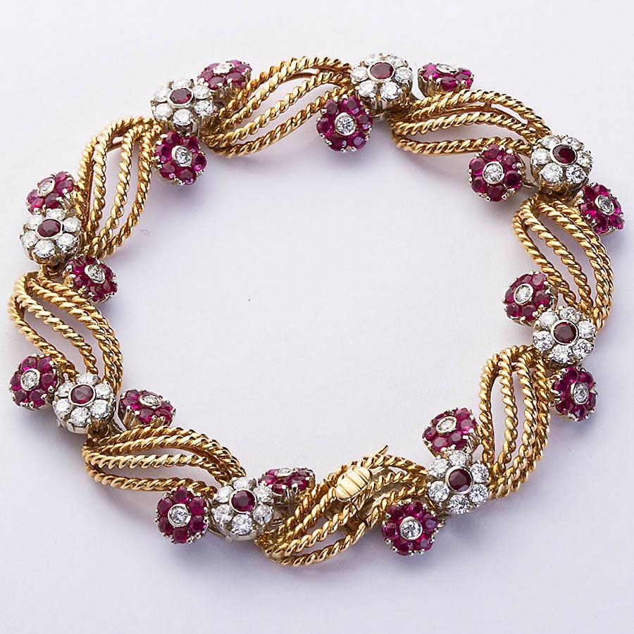 Spiraled Gold Diamond Ruby Florets Bracelet 2