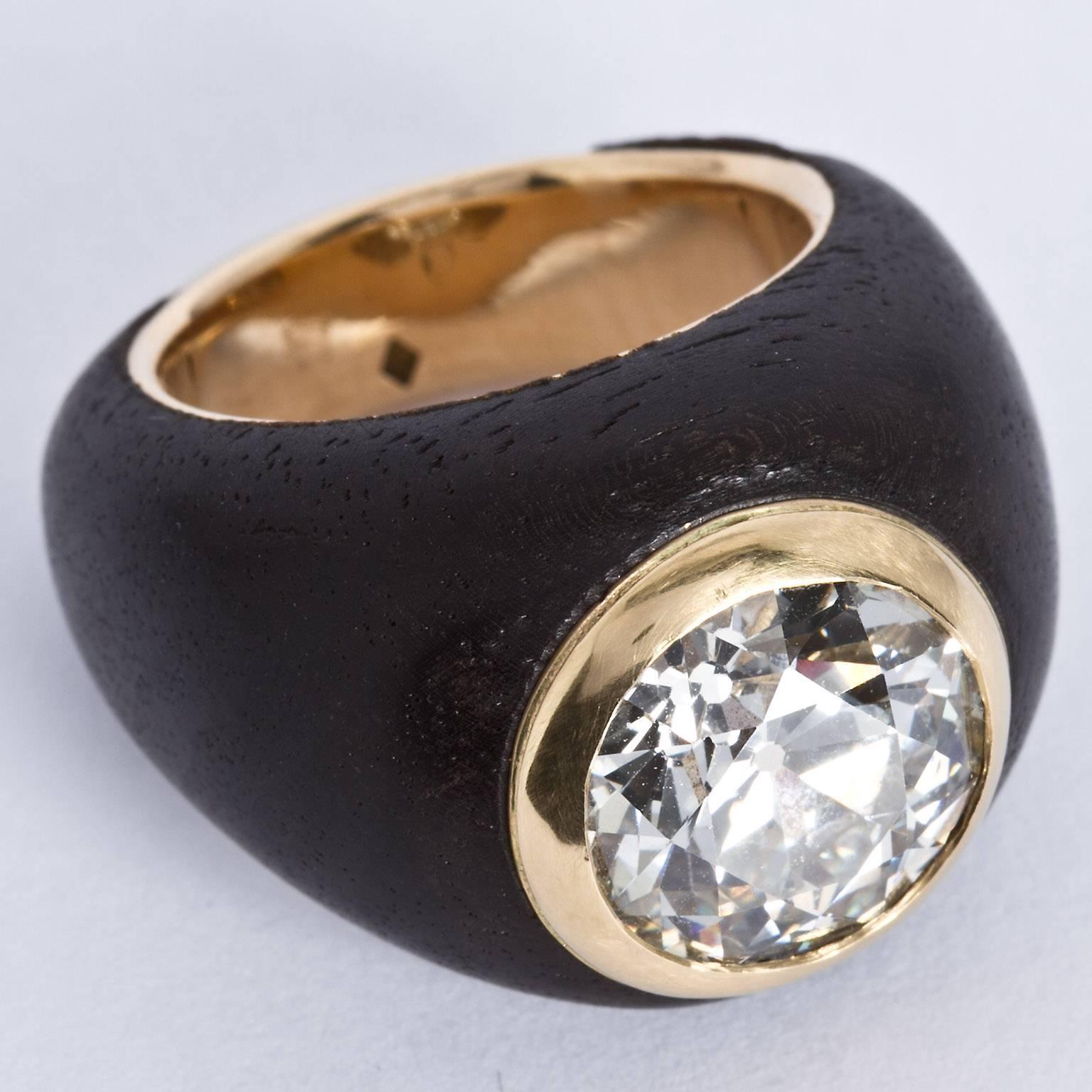 Women's or Men's 1970s Rene Boivin 6 Carat Diamond Ebony Gold Ring