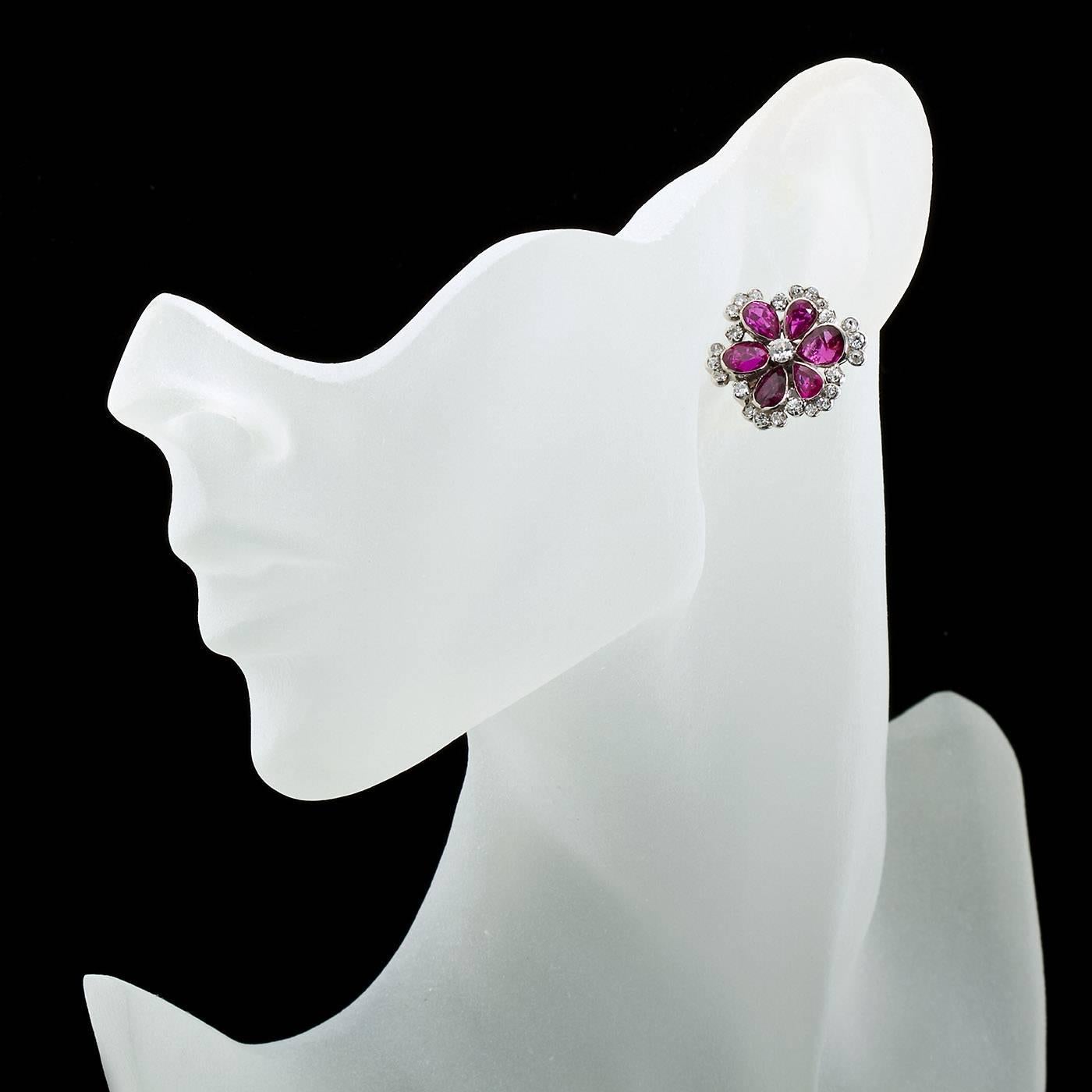 No Heat 8.00 Carat Burma Ruby Diamond Flower Earrings Earclips, circa 1930s In Excellent Condition In Lakewood, NJ