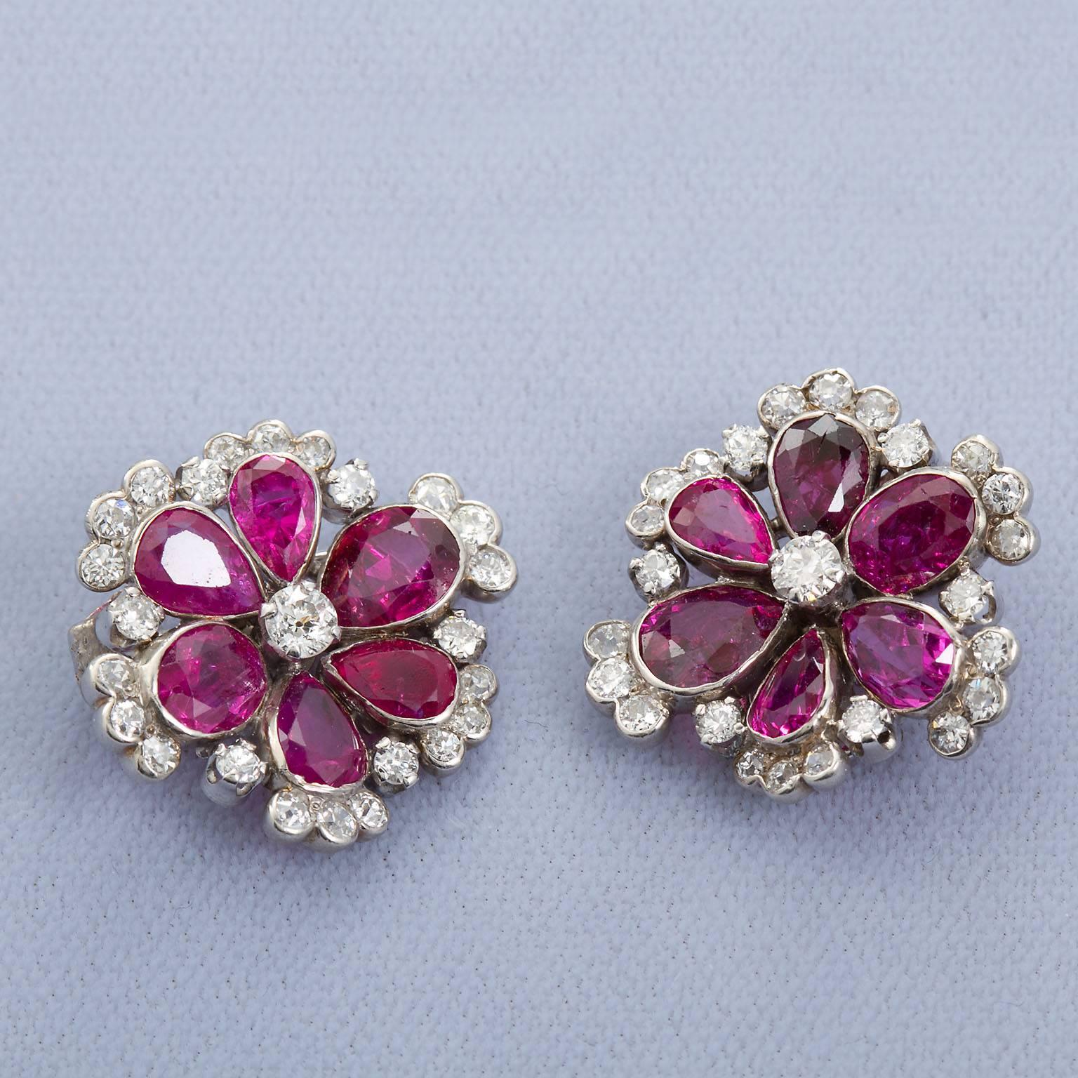 No Heat 8.00 Carat Burma Ruby Diamond Flower Earrings Earclips, circa 1930s 2