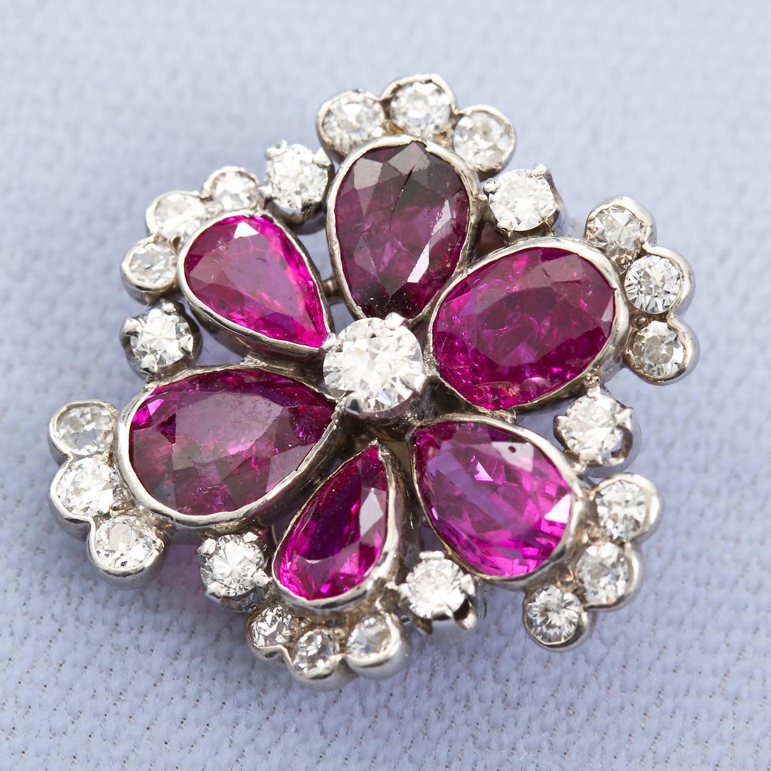No Heat 8.00 Carat Burma Ruby Diamond Flower Earrings Earclips, circa 1930s 3