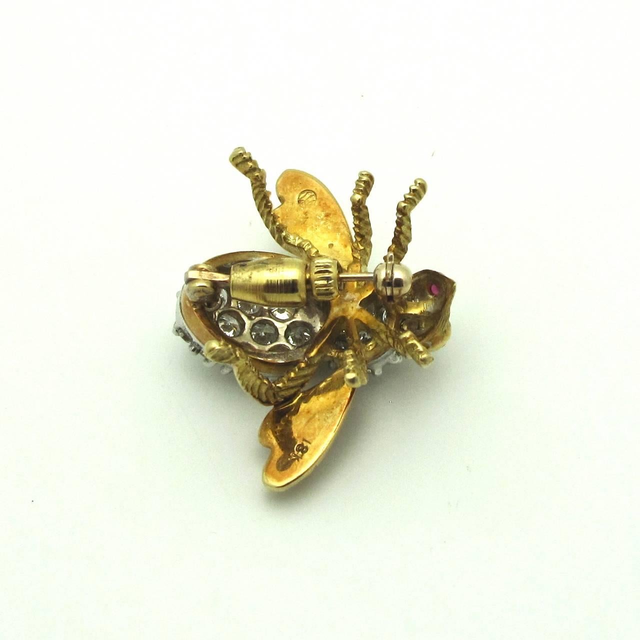 Modern 1960s Ruby Diamond Gold Bee Pin For Sale