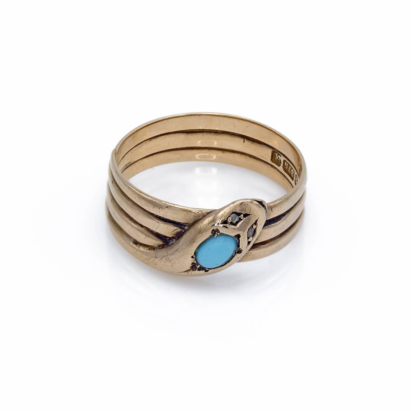 Snake rings are all the rage! This snake is rose 10k gold with a turquoise and diamond eyes head. The design was ahead of it's time at the turn of the century but has endured the test of time! The ring is a size 8 1/2 and can be sized to fit your