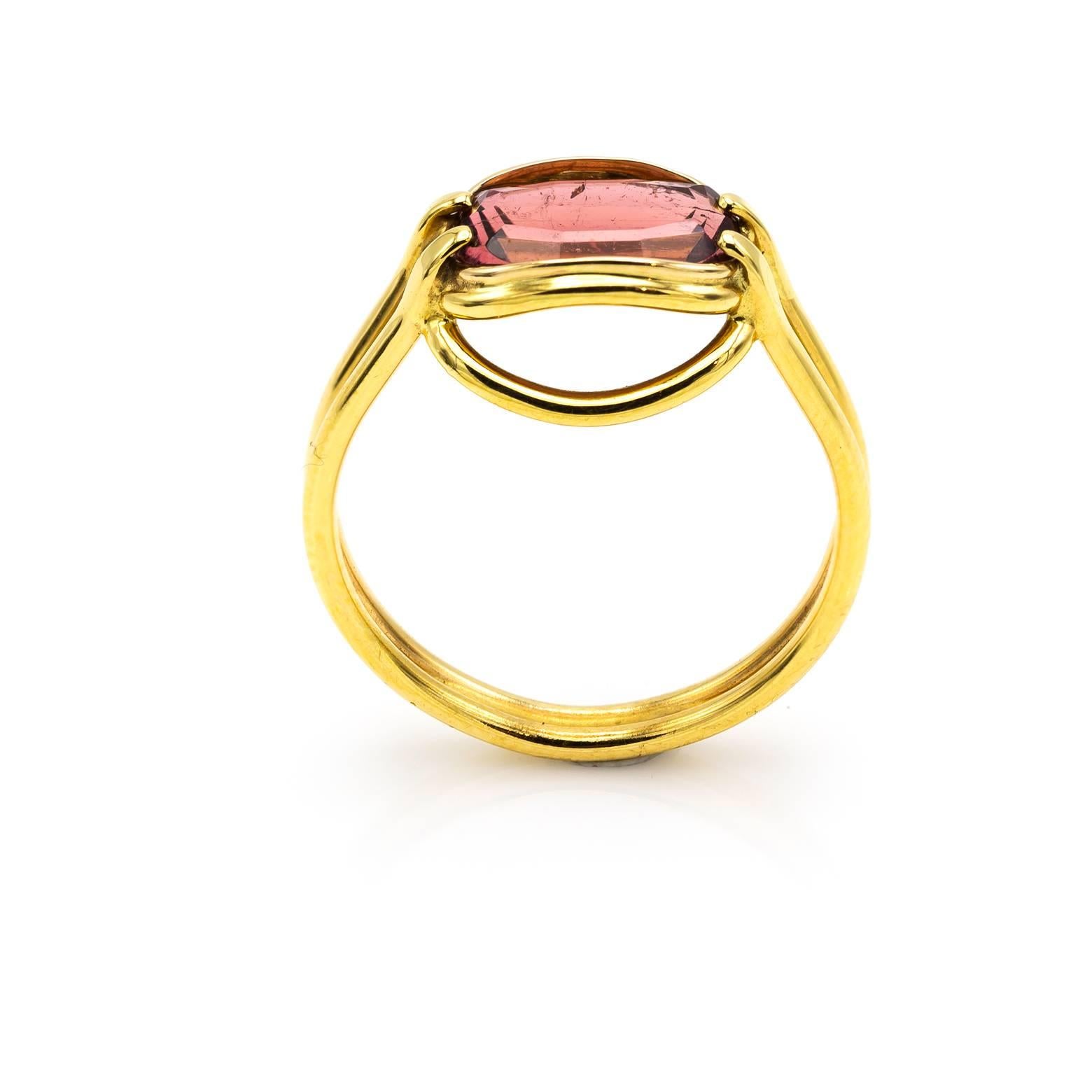 Modern Square Pink Cushion Tourmaline Double Band Ring in Gold