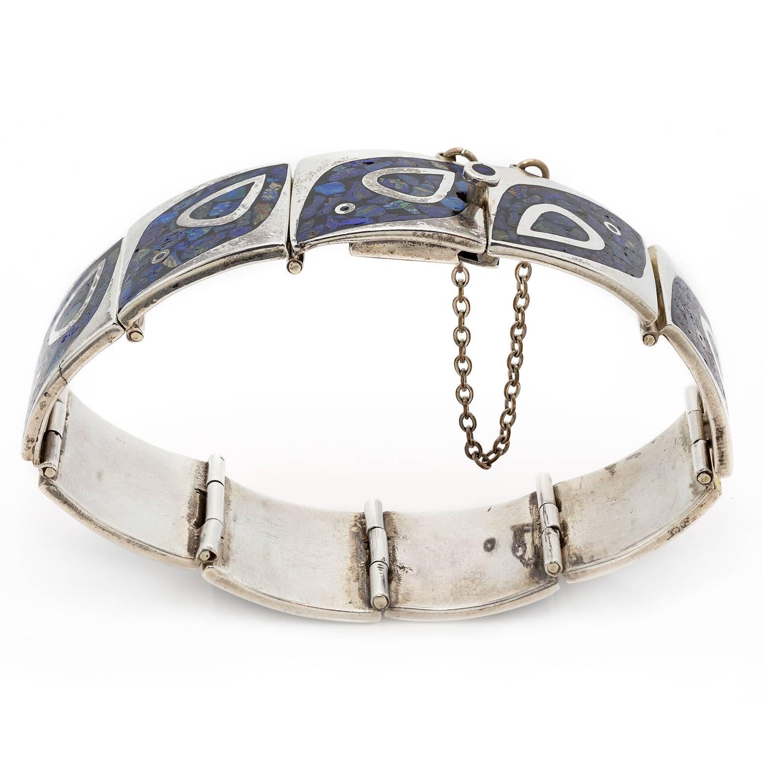 Modern Mexican Sterling Silver Link Bracelet with Lapis Inlay