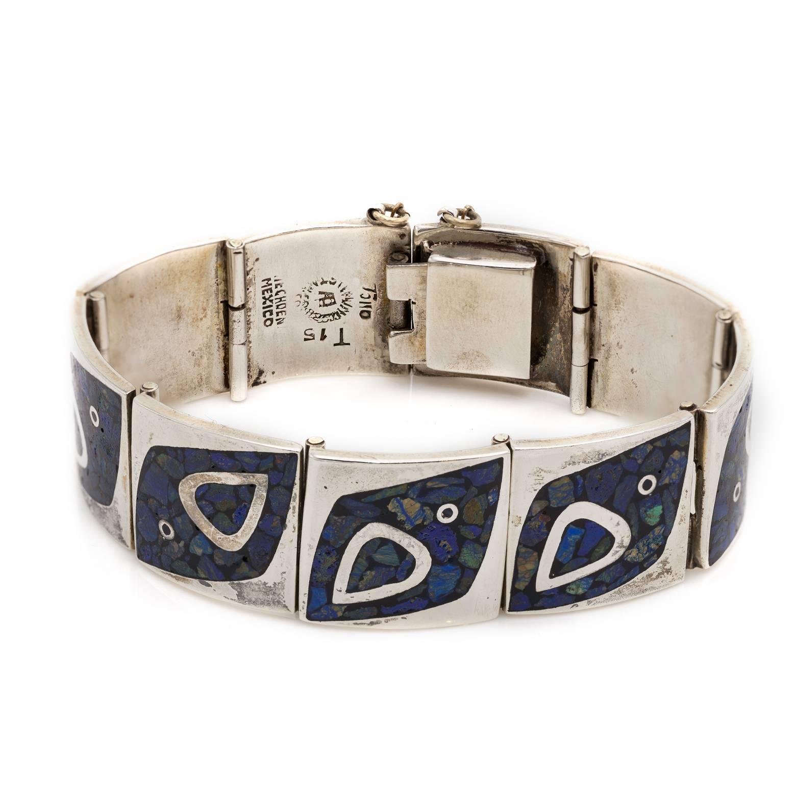 Mexican Sterling Silver Link Bracelet with Lapis Inlay In Excellent Condition In Berkeley, CA