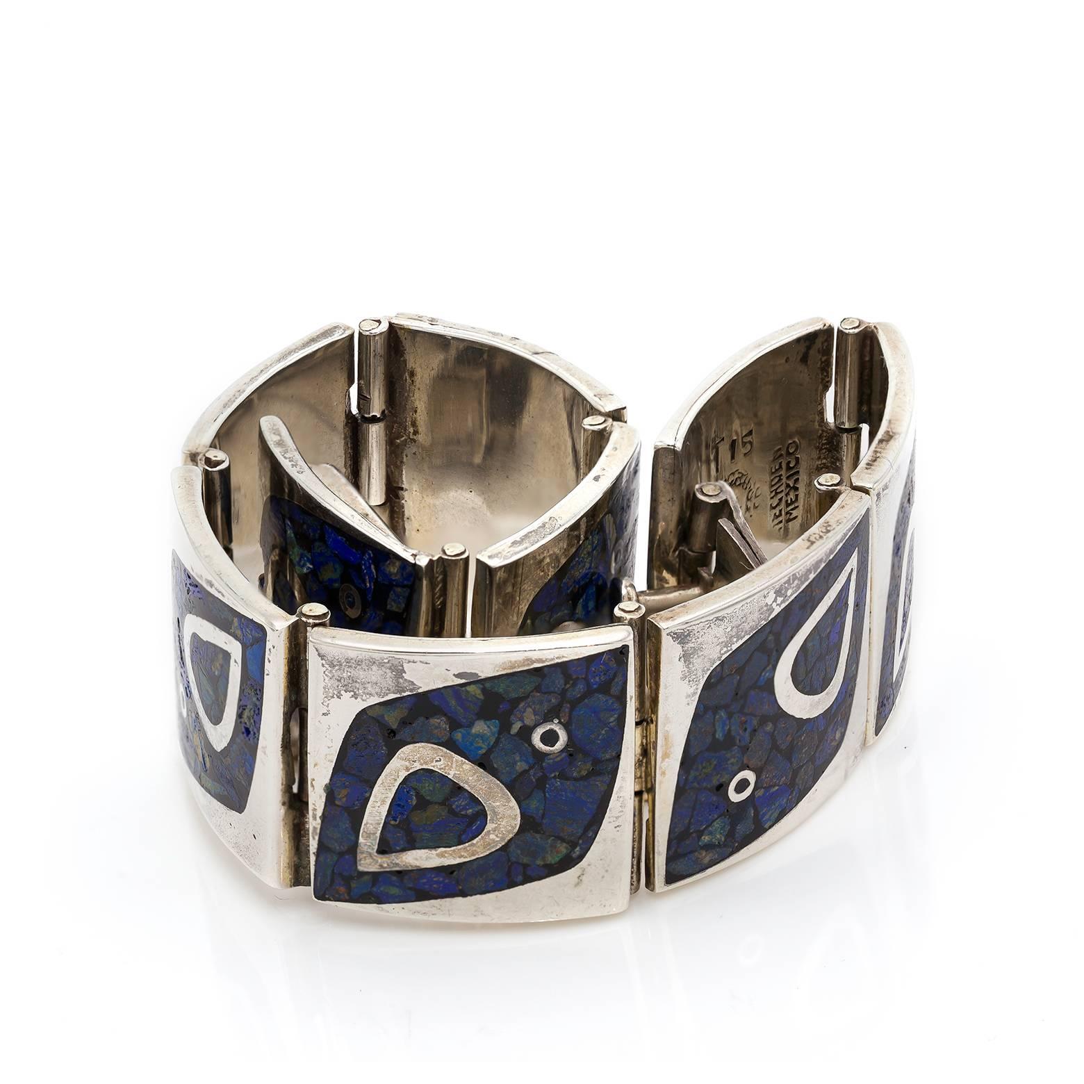 Mexican Sterling Silver Link Bracelet with Lapis Inlay 1